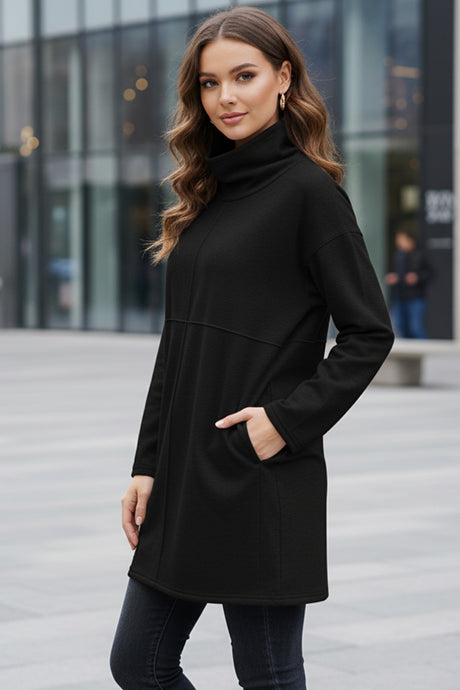 Solid Color Turtleneck Pocket Pullover Sweatshirt