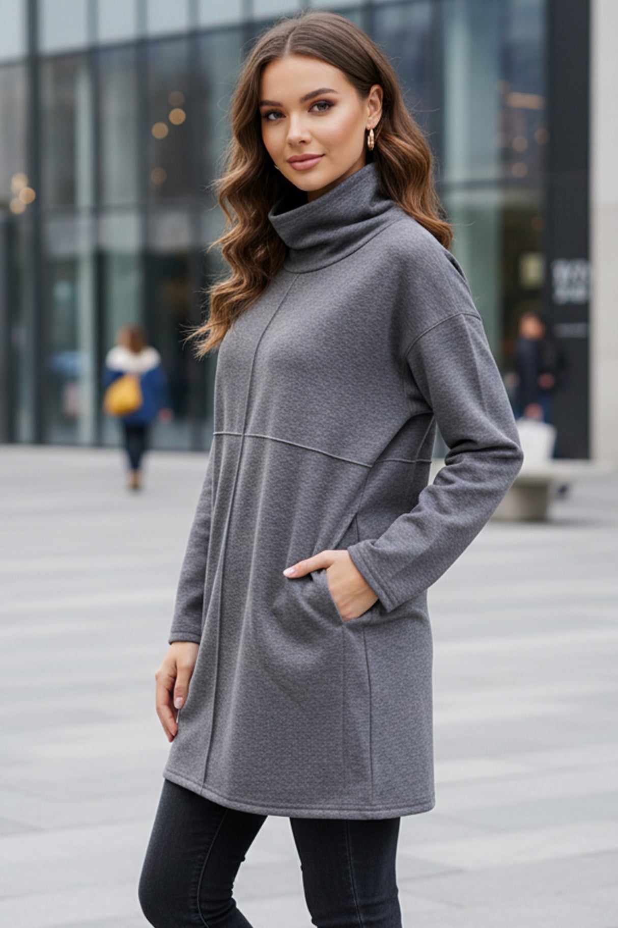 Solid Color Turtleneck Pocket Pullover Sweatshirt