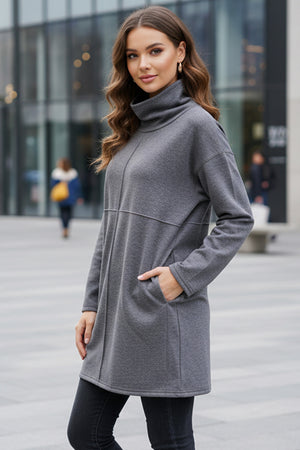 Solid Color Turtleneck Pocket Pullover Sweatshirt