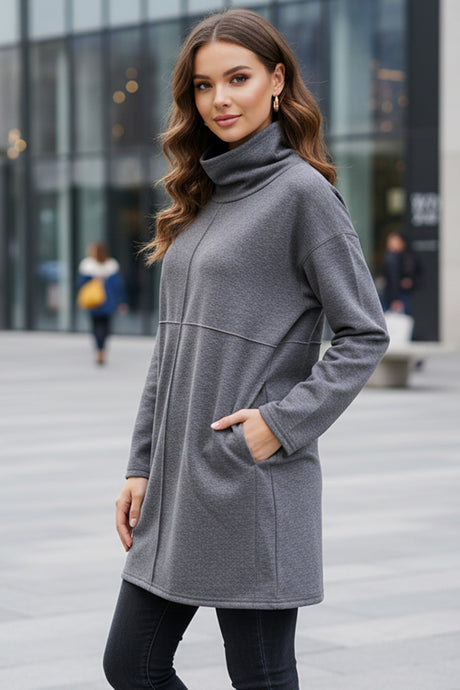 Solid Color Turtleneck Pocket Pullover Sweatshirt