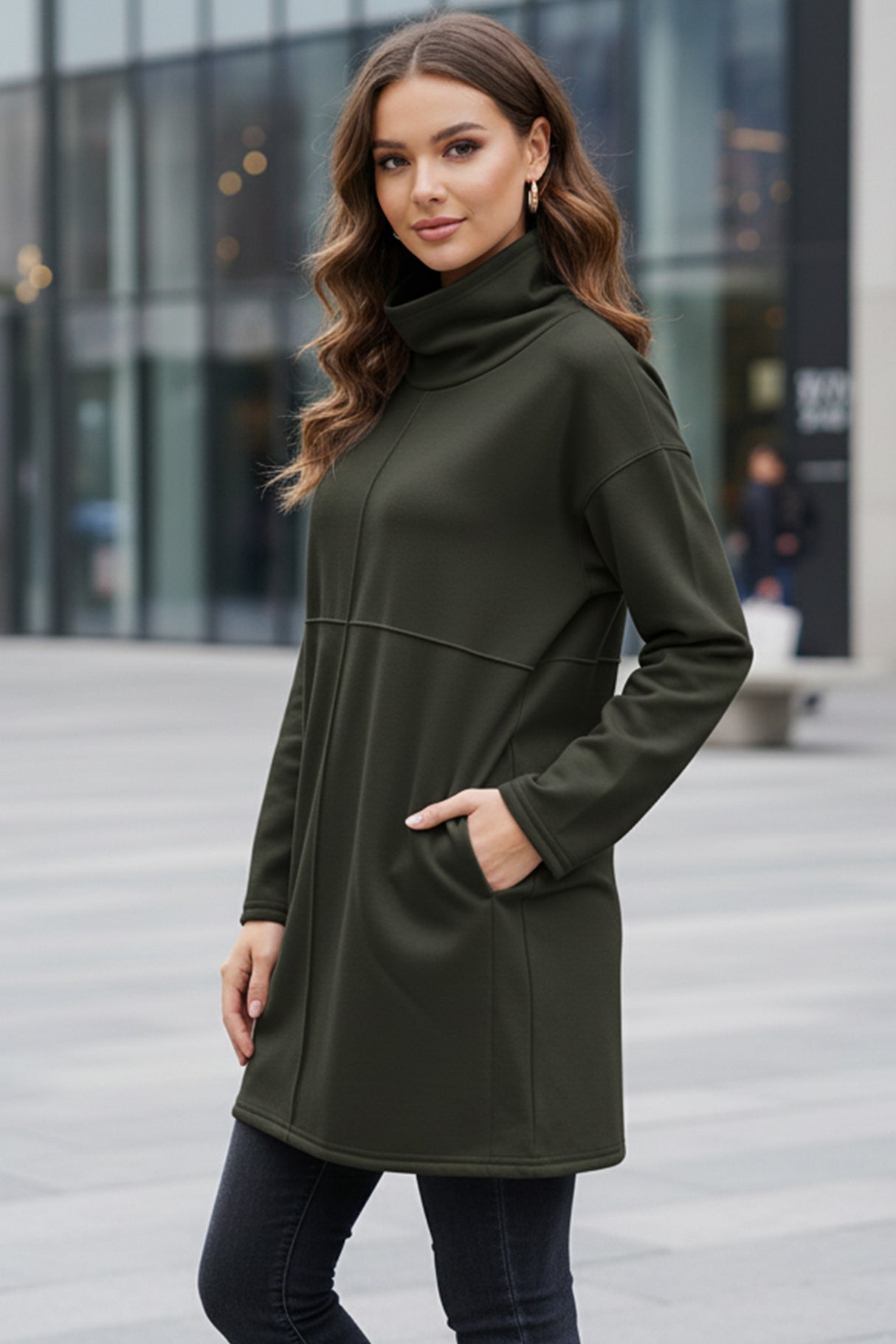 Solid Color Turtleneck Pocket Pullover Sweatshirt