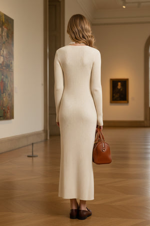 Solid Color V Neck Knitted Bodycon Maxi Dress