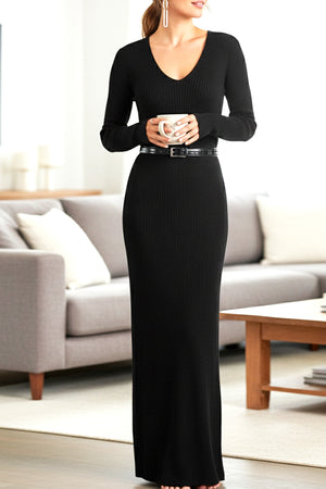 Solid Color V Neck Knitted Bodycon Maxi Dress