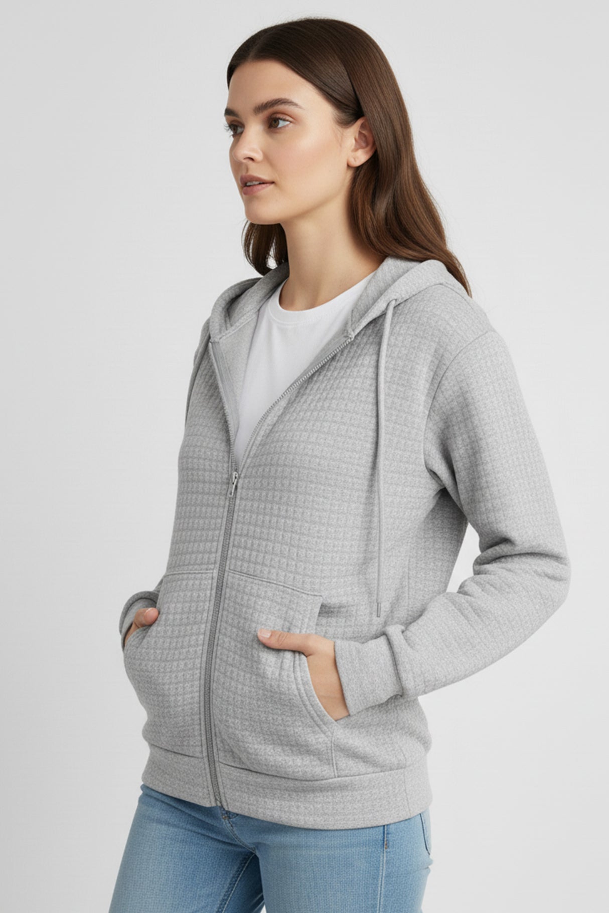 Solid Color Waffle Zip-up Hoodie