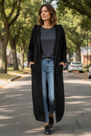 Solid Color Zip-up Oversized Long Hoodie