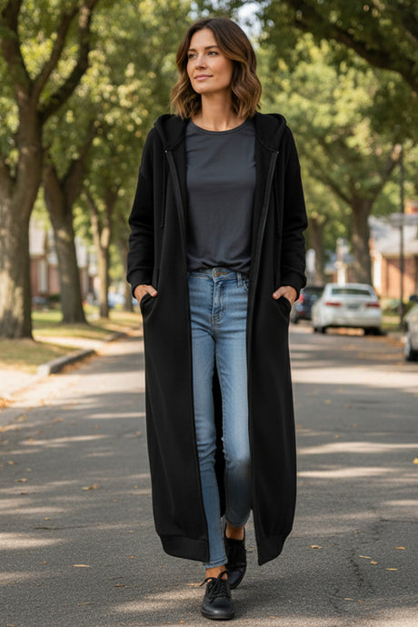 Solid Color Zip-up Oversized Long Hoodie