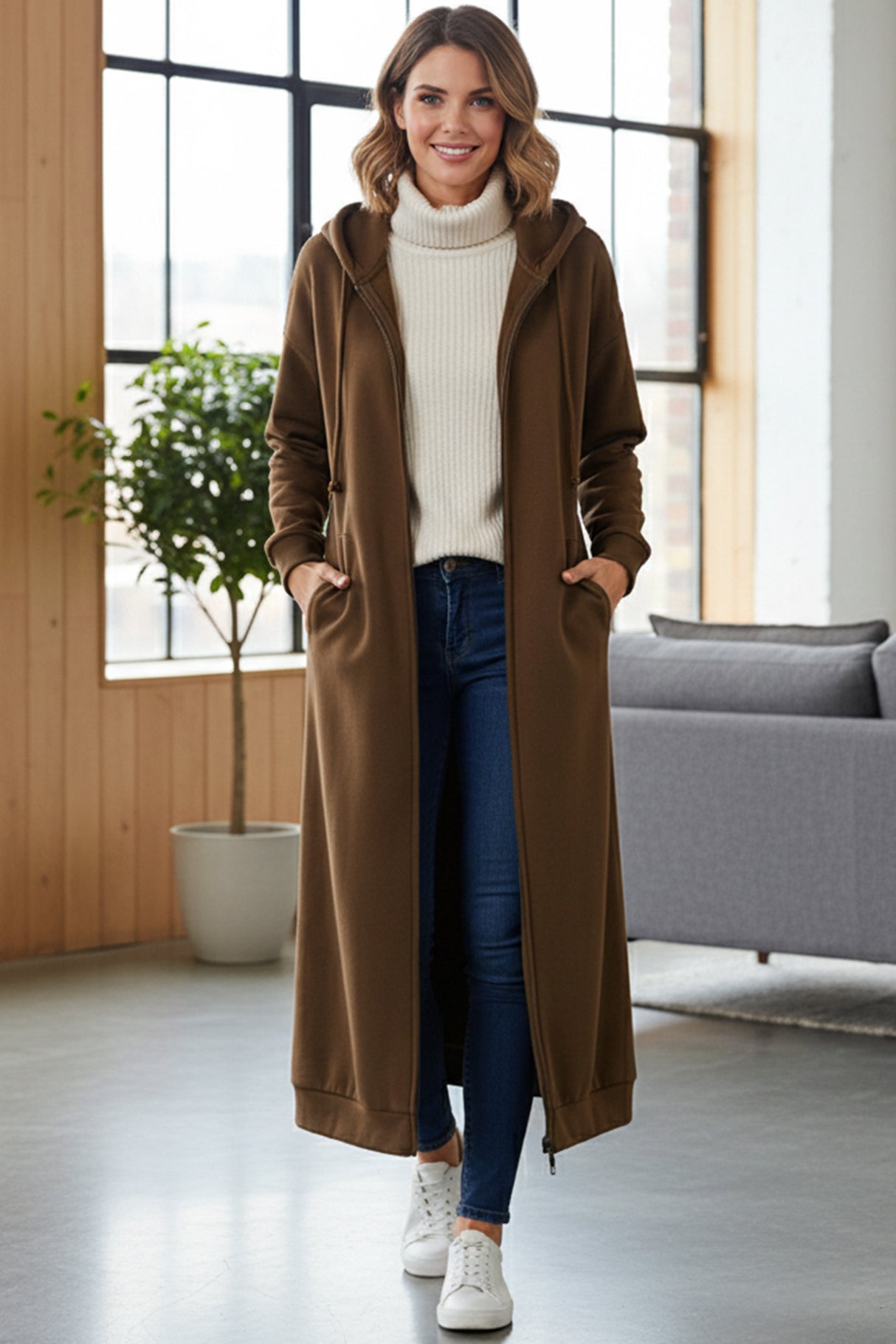 Solid Color Zip-up Oversized Long Hoodie