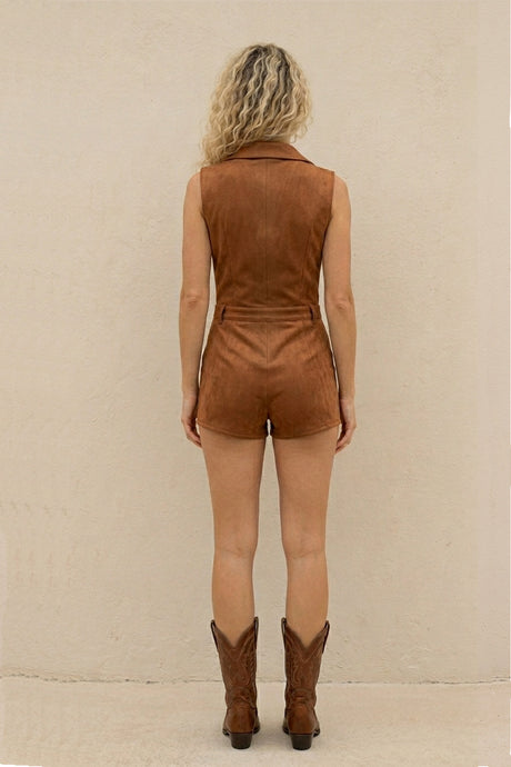 Solid Color Zip-up Tassel Suede Romper