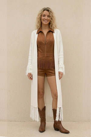 Solid Color Zip-up Tassel Suede Romper
