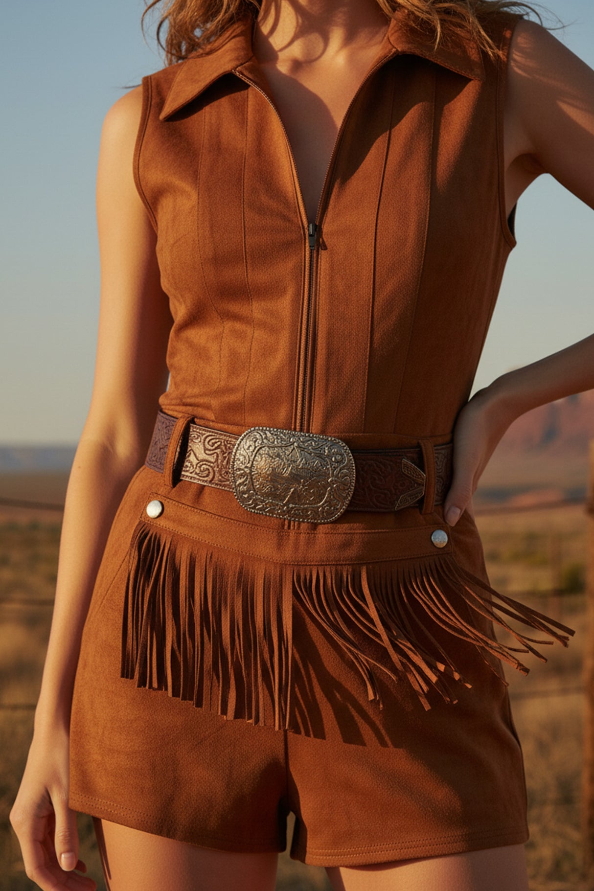 Solid Color Zip-up Tassel Suede Romper