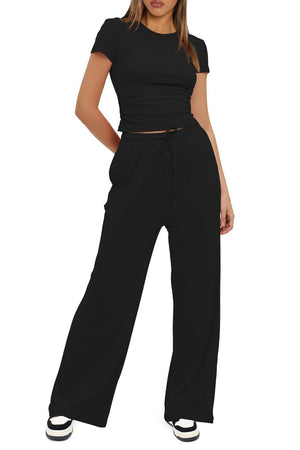Arolora solid-crew-neck-cotton-t-shirt-pants-suits