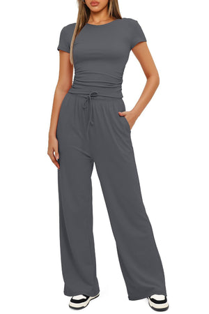 Arolora solid-crew-neck-cotton-t-shirt-pants-suits