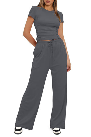 Arolora solid-crew-neck-cotton-t-shirt-pants-suits