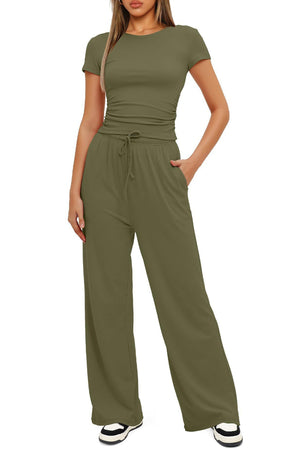 Arolora solid-crew-neck-cotton-t-shirt-pants-suits
