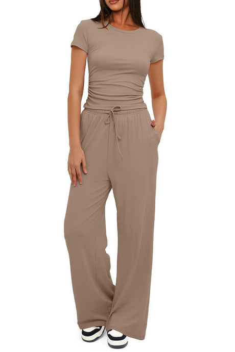 Arolora solid-crew-neck-cotton-t-shirt-pants-suits