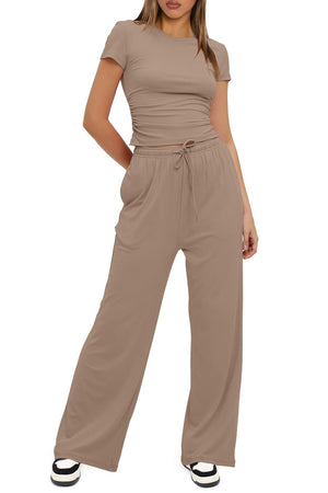 Arolora solid-crew-neck-cotton-t-shirt-pants-suits