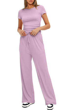 Arolora solid-crew-neck-cotton-t-shirt-pants-suits
