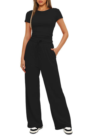 Arolora solid-crew-neck-cotton-t-shirt-pants-suits