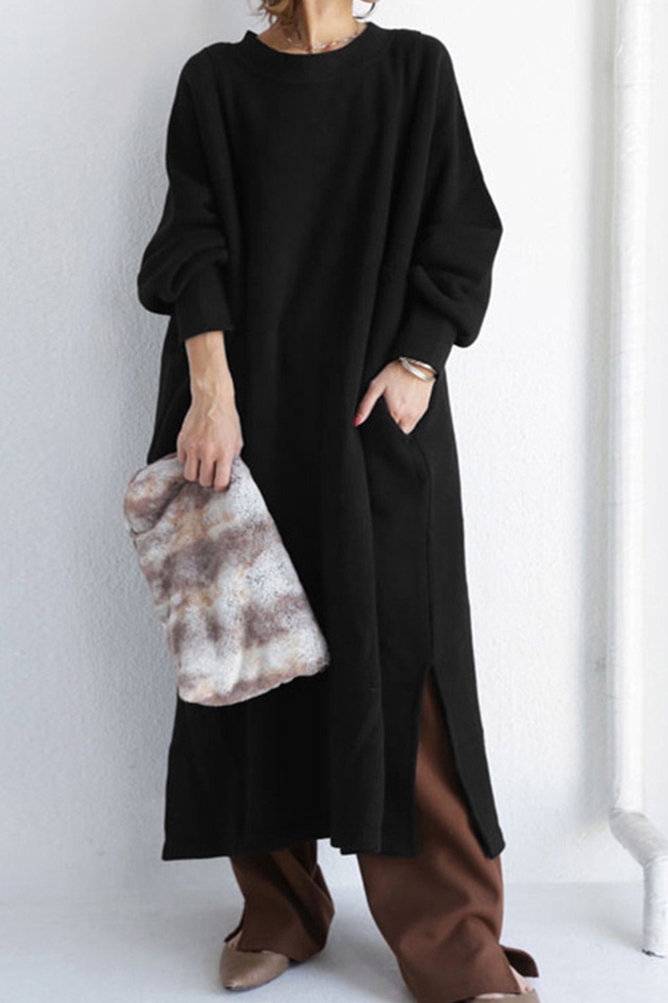 Solid Crew Neck Slit Sweatshirt Dress