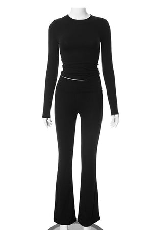 Arolora solid-crop-top-flares-long-pants-set