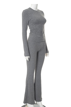 Arolora solid-crop-top-flares-long-pants-set