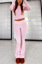 Arolora solid-crop-top-flares-long-pants-set
