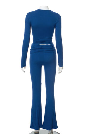 Arolora solid-crop-top-flares-long-pants-set