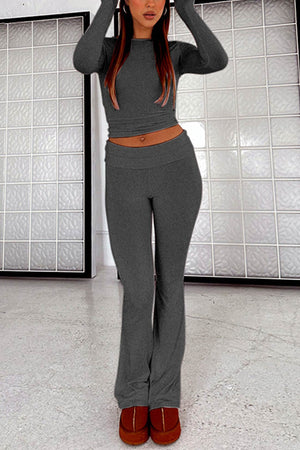 Arolora solid-crop-top-flares-long-pants-set