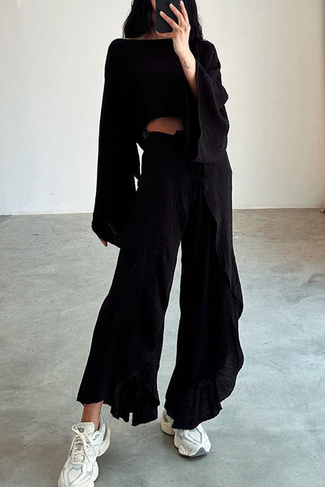 Solid Crop Top Slit Pants Suits