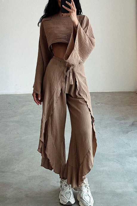 Solid Crop Top Slit Pants Suits