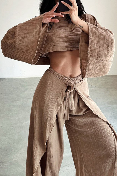 Solid Crop Top Slit Pants Suits