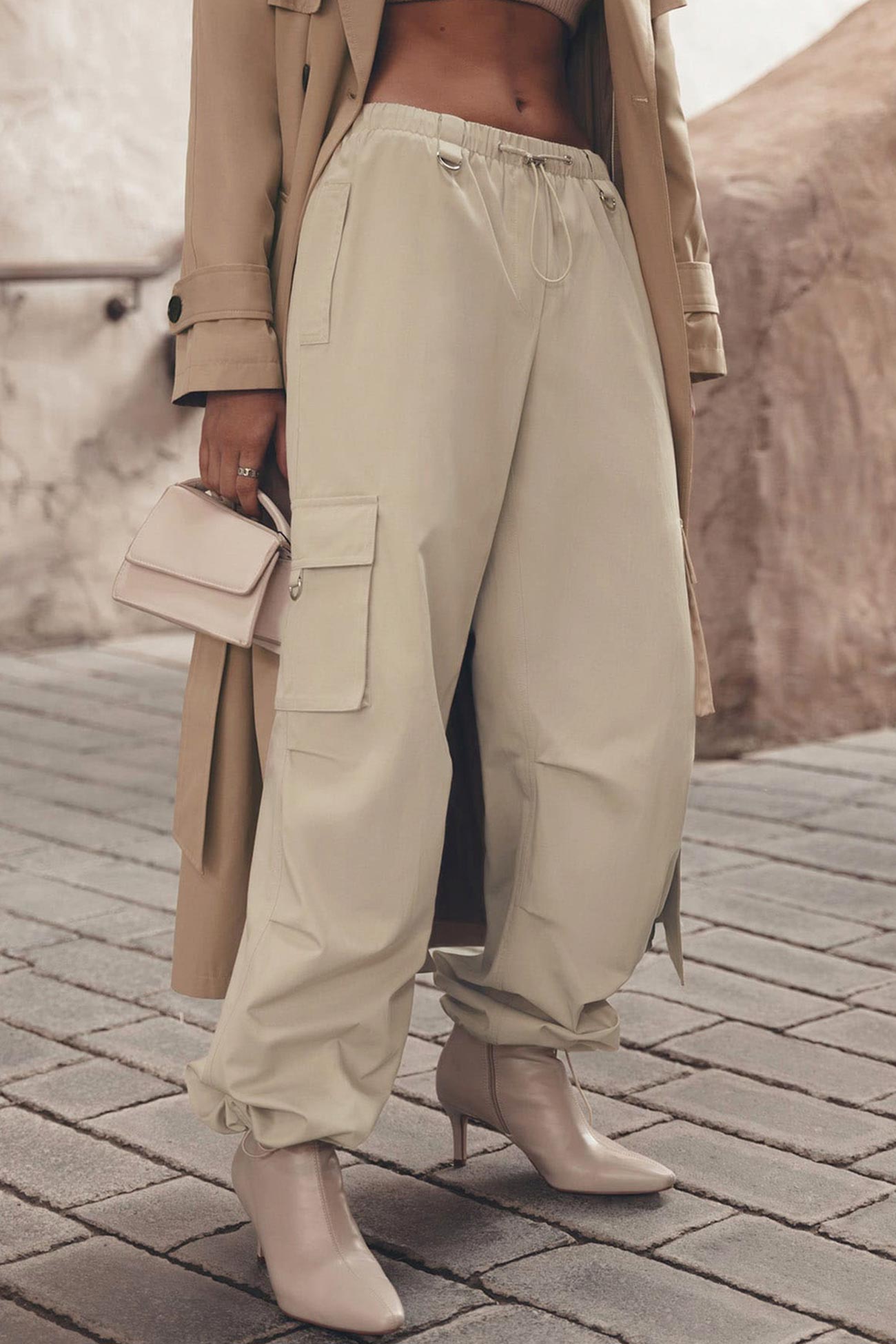 Solid Drawstring Large Pocket Cargo Pants