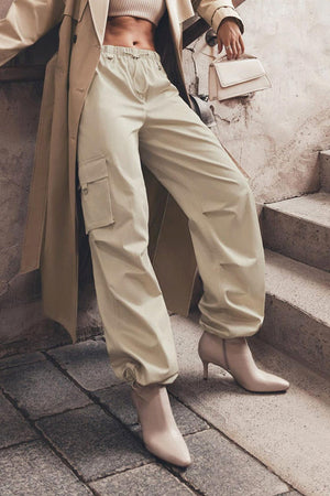 Solid Drawstring Large Pocket Cargo Pants