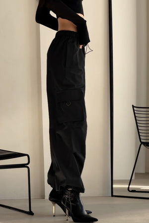 Solid Drawstring Large Pocket Cargo Pants