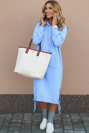 Solid Drawstring Pocket Long Hoodie