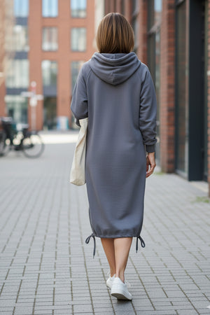 Solid Drawstring Pocket Long Hoodie