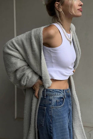 Solid Imitation Mink Tie-up Long Cardigan