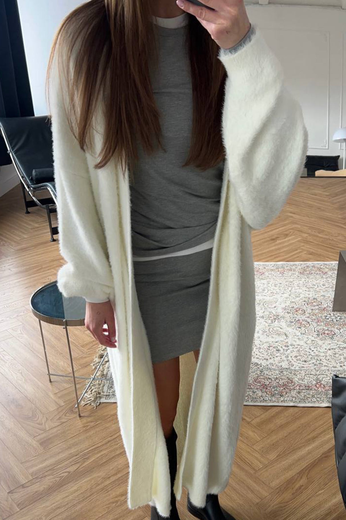 Solid Imitation Mink Tie-up Long Cardigan
