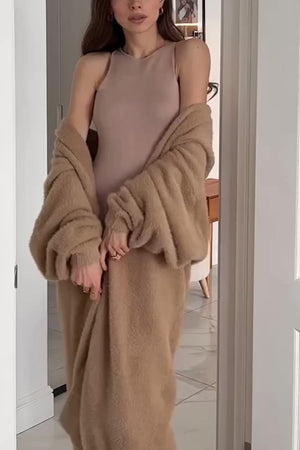 Solid Imitation Mink Tie-up Long Cardigan