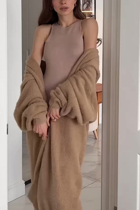 Solid Imitation Mink Tie-up Long Cardigan