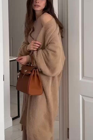Solid Imitation Mink Tie-up Long Cardigan