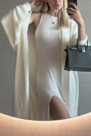 Solid Imitation Mink Tie-up Long Cardigan