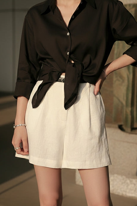 Solid Linen High Waist Shorts