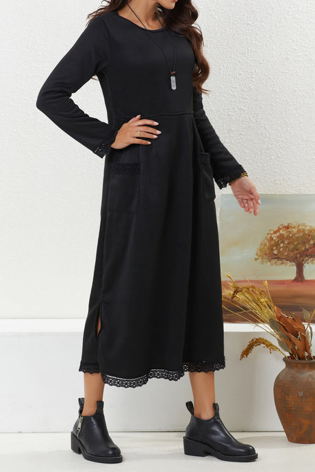Solid Pocketed Lacework Hem Dress