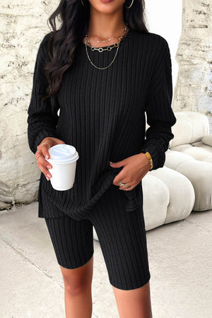 Solid Ribbed Knit Tops Shorts Set