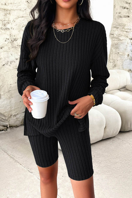 Solid Ribbed Knit Tops Shorts Set