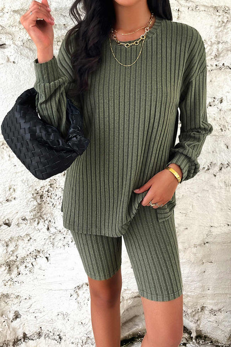 Solid Ribbed Knit Tops Shorts Set