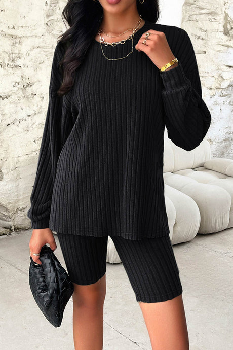 Solid Ribbed Knit Tops Shorts Set