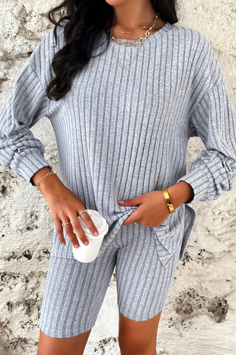 Solid Ribbed Knit Tops Shorts Set