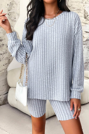 Solid Ribbed Knit Tops Shorts Set